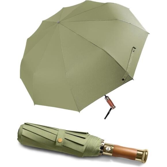 Large Windproof Umbrella Automatic Folding Travel Rain Umbrella with Wood Handle - Picture 1 of 8